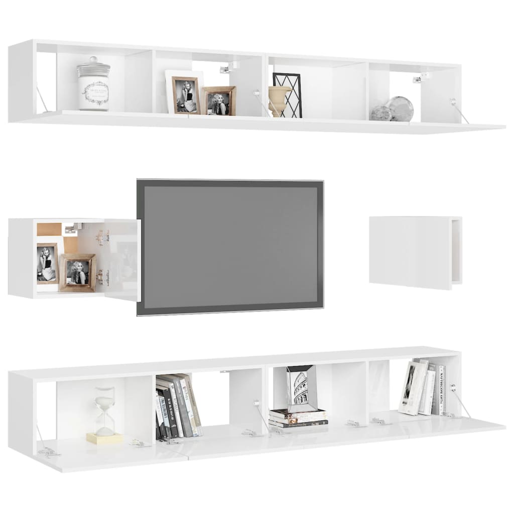 6 Piece TV Cabinet Set High Gloss White Engineered Wood