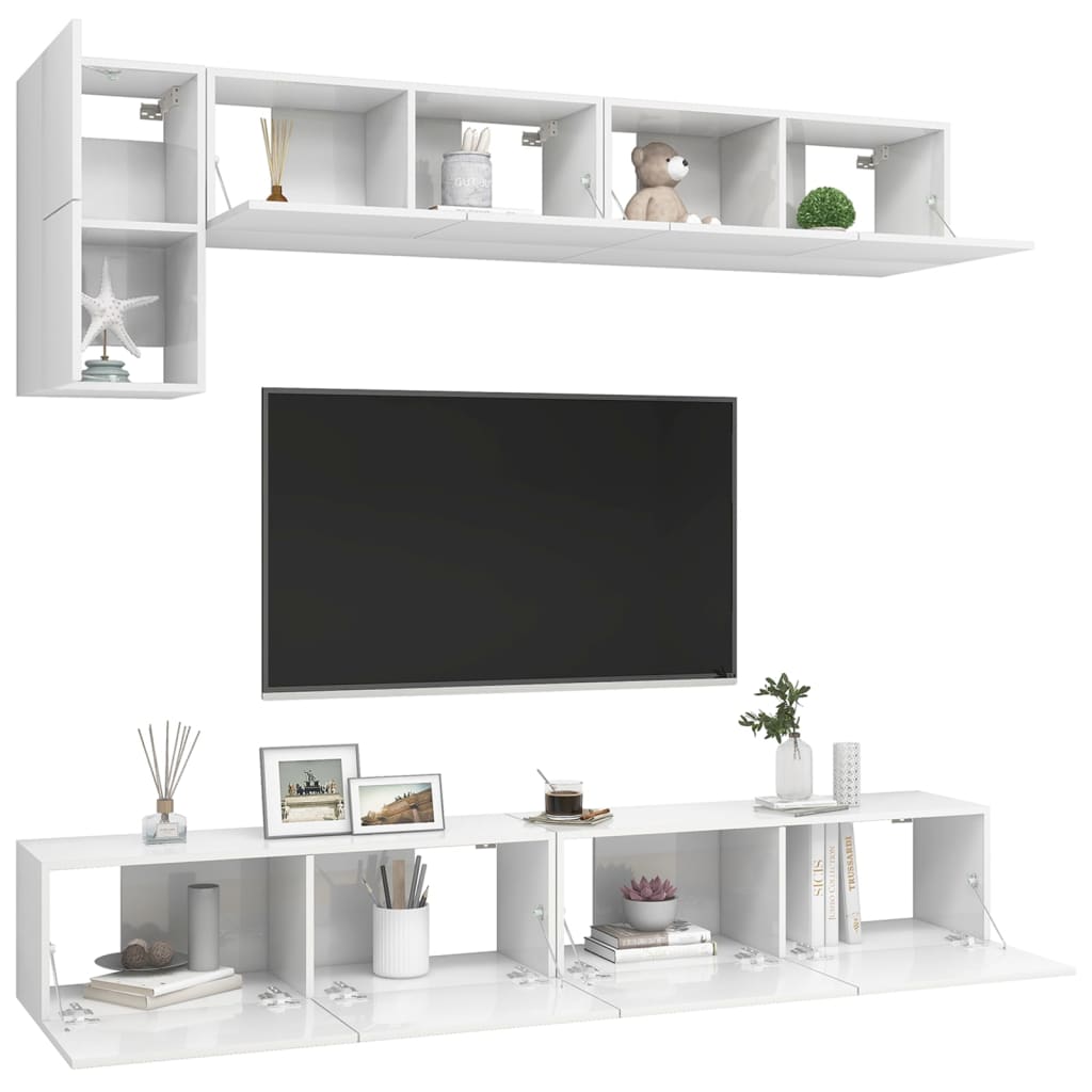 5 Piece TV Cabinet Set High Gloss White Engineered Wood