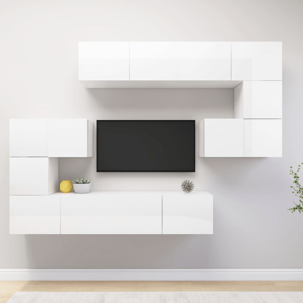 8 Piece TV Cabinet Set High Gloss White Engineered Wood