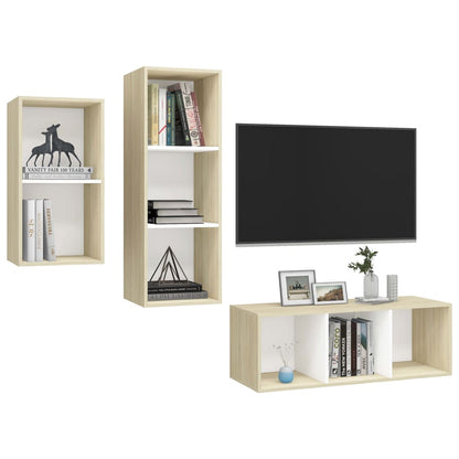 3 Piece TV Cabinet Set White and Sonoma Oak Engineered Wood