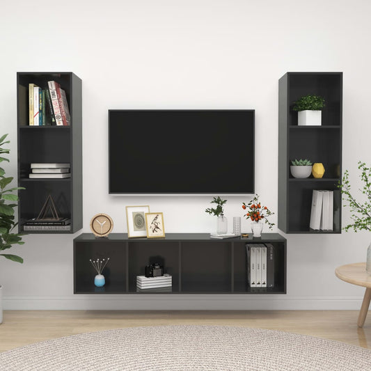 3 Piece TV Cabinet Set High Gloss Grey Engineered Wood