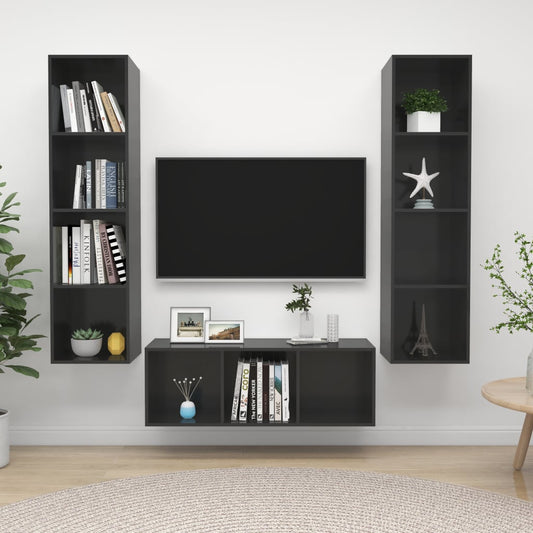 3 Piece TV Cabinet Set High Gloss Grey Engineered Wood