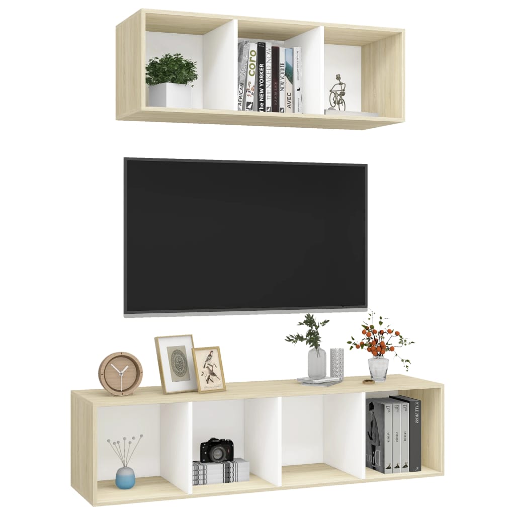 2 Piece TV Cabinet Set White and Sonoma Oak Engineered Wood