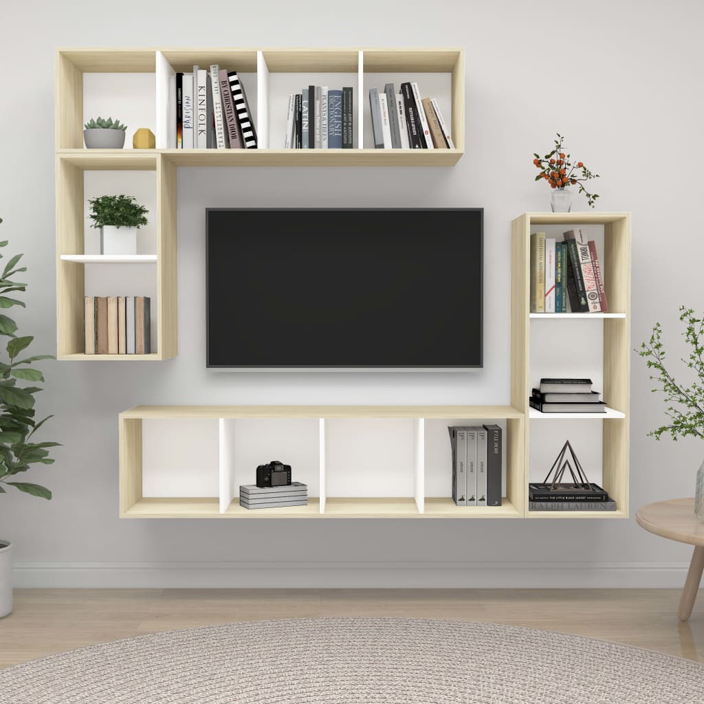 4 Piece TV Cabinet Set White and Sonoma Oak Engineered Wood