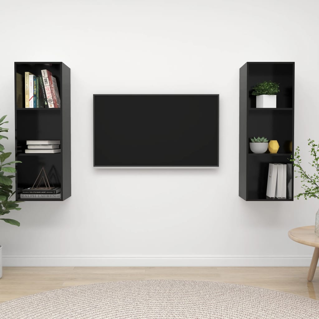 Wall-mounted TV Cabinets 2 pcs High Gloss Black Engineered Wood