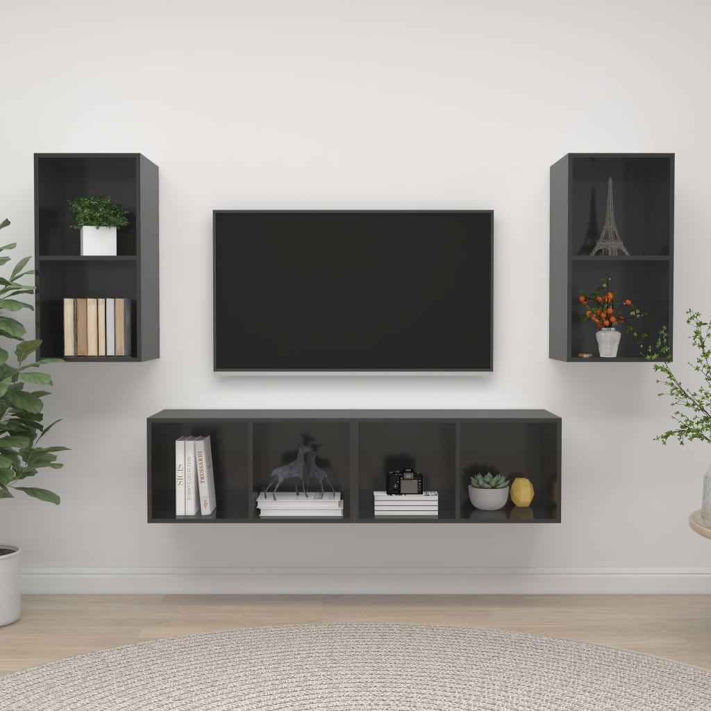 Wall-mounted TV Cabinets 4 pcs High Gloss Grey Engineered Wood