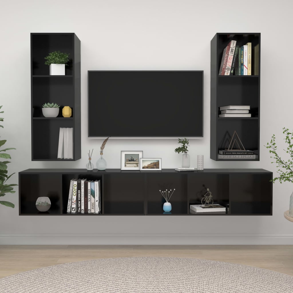 Wall-mounted TV Cabinets 4 pcs High Gloss Black Engineered Wood