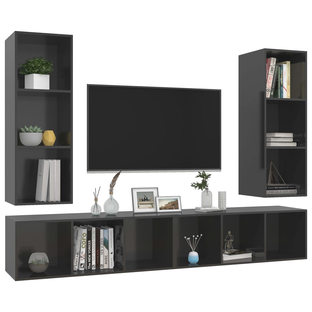 Wall-mounted TV Cabinets 4 pcs High Gloss Grey Engineered Wood