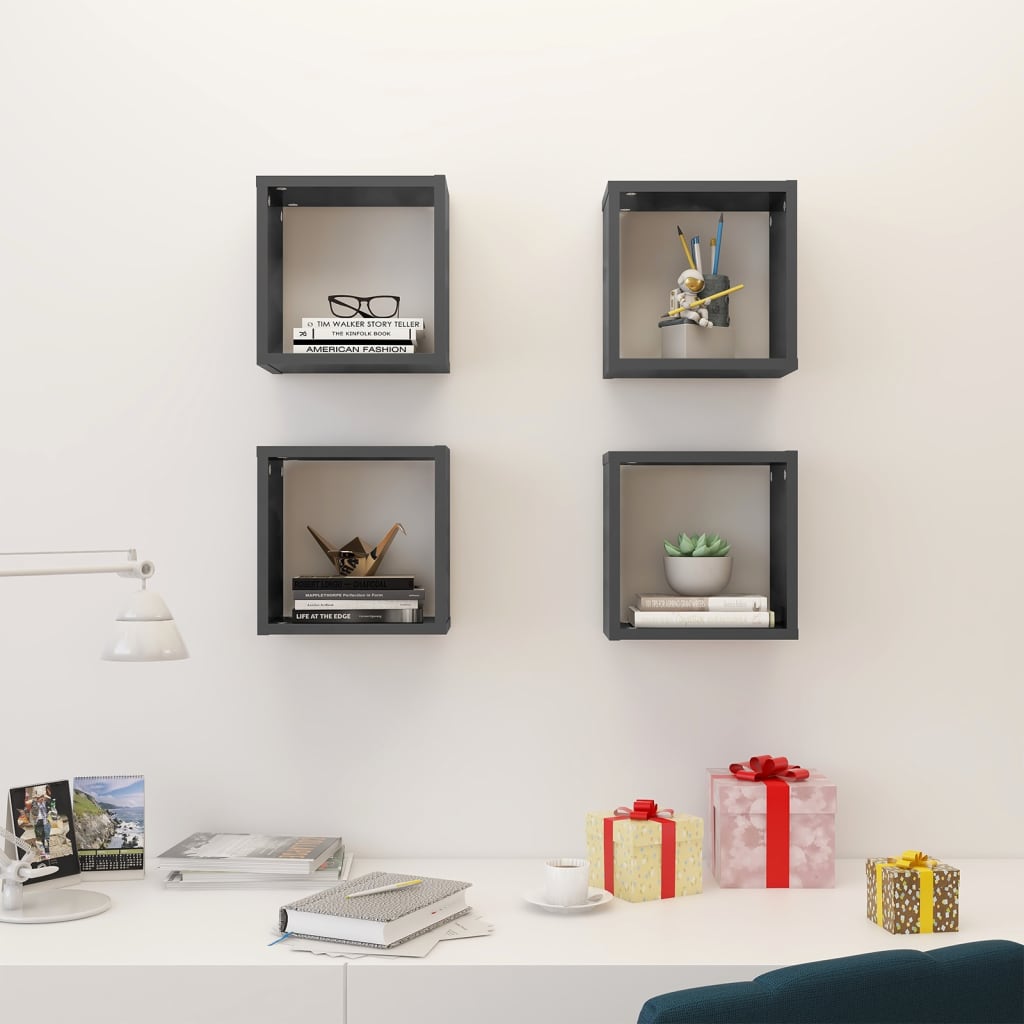 Wall Cube Shelves 4 pcs High Gloss Grey 26x15x26 cm