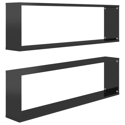 Wall Cube Shelf 2 pcs High Gloss Black 100x15x30 cm Engineered Wood