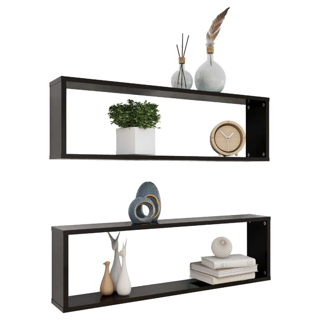 Wall Cube Shelf 2 pcs High Gloss Black 100x15x30 cm Engineered Wood