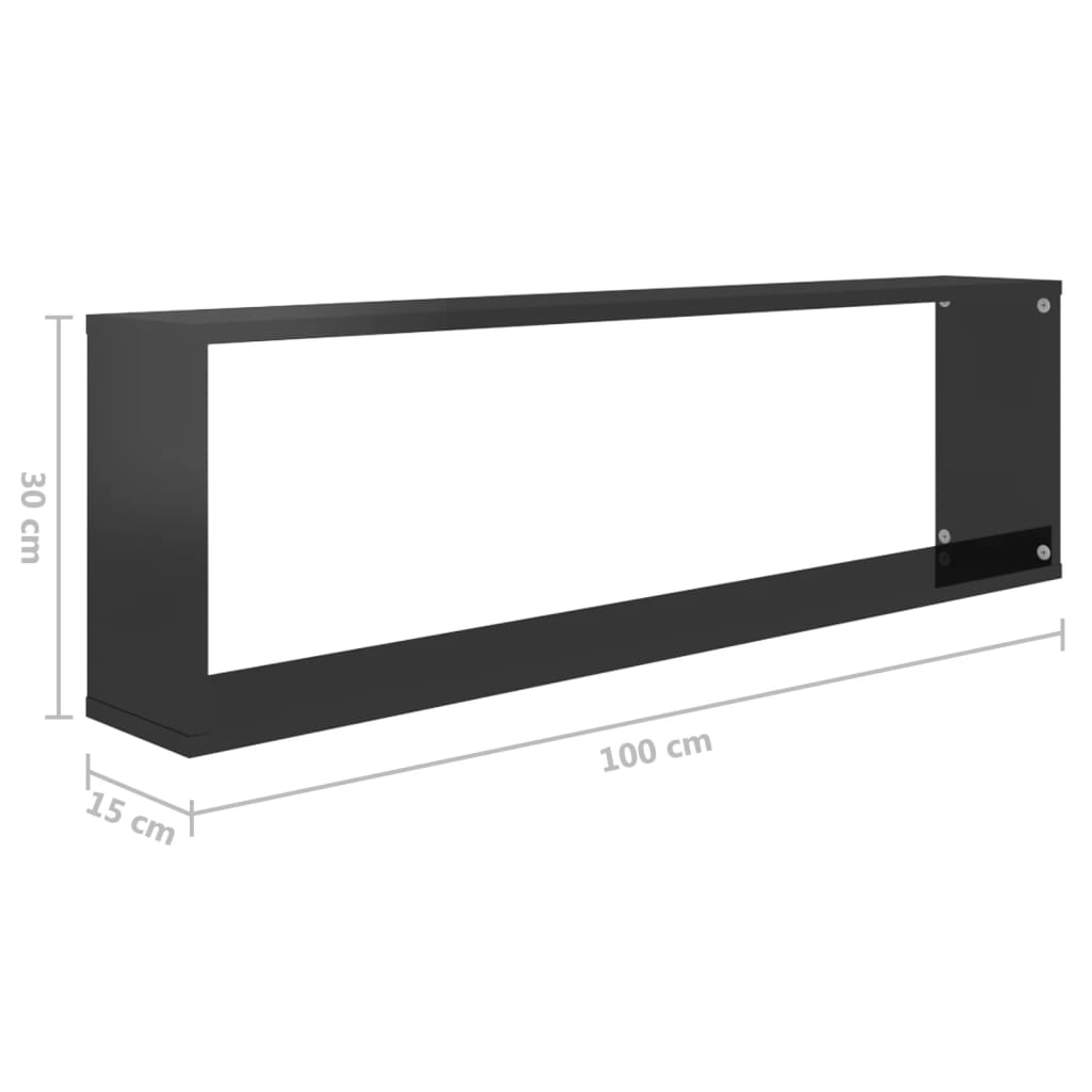 Wall Cube Shelf 2 pcs High Gloss Black 100x15x30 cm Engineered Wood