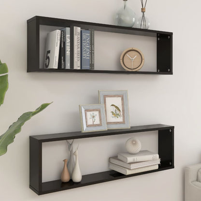 Wall Cube Shelf 2 pcs High Gloss Black 100x15x30 cm Engineered Wood