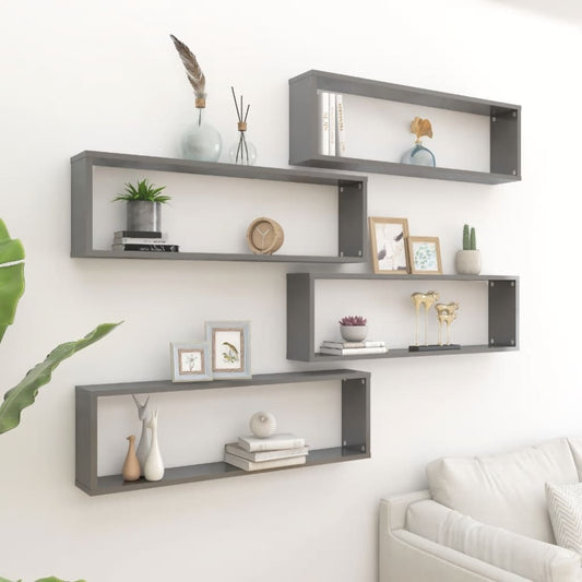 Wall Cube Shelf 4 pcs High Gloss Grey 100x15x30 cm Engineered Wood