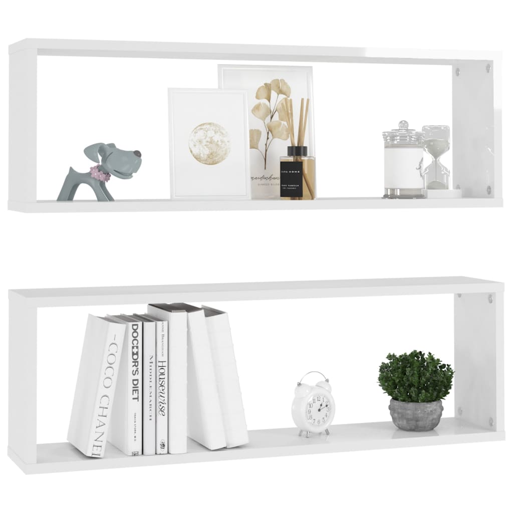 Wall Cube Shelf 2 pcs High Gloss White 80x15x26.5cm Engineered Wood