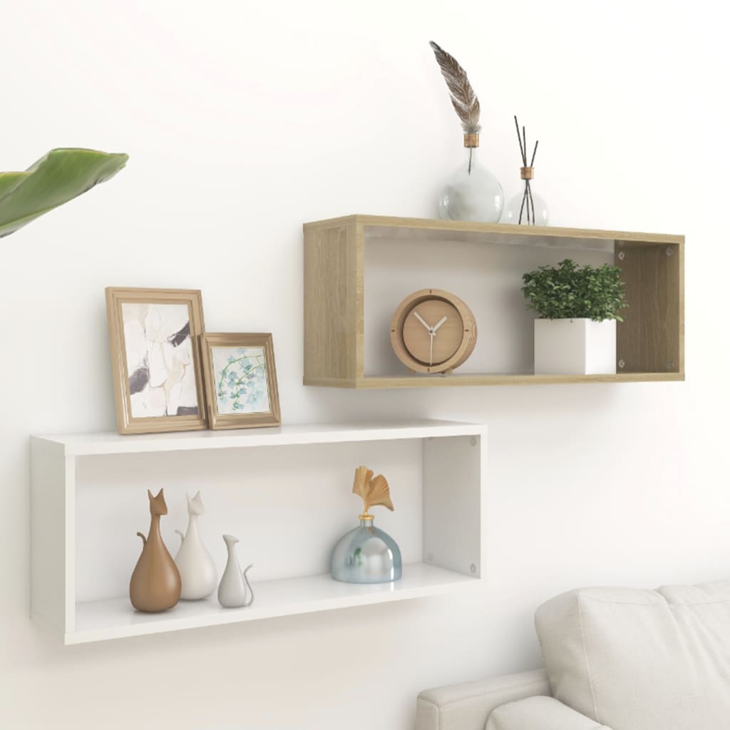 Wall Cube Shelf 2 pcs White and Sonoma Oak 60x15x23 cm Engineered Wood