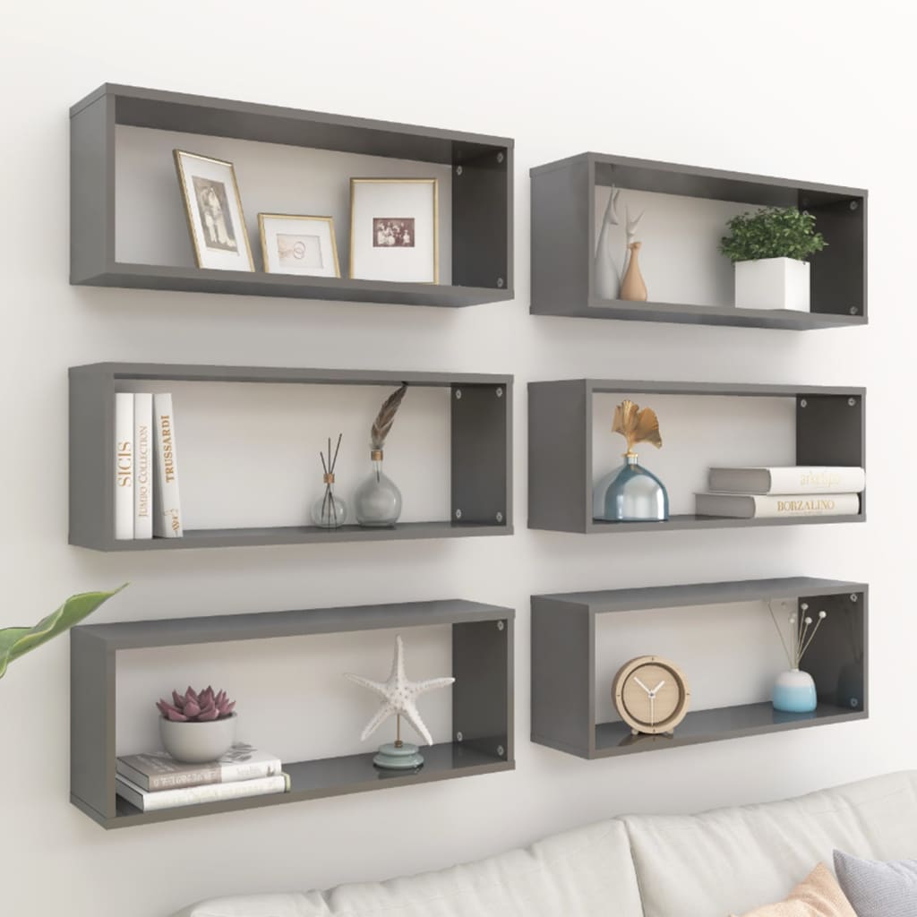 Wall Cube Shelf 6 pcs High Gloss Grey 60x15x23 cm Engineered Wood