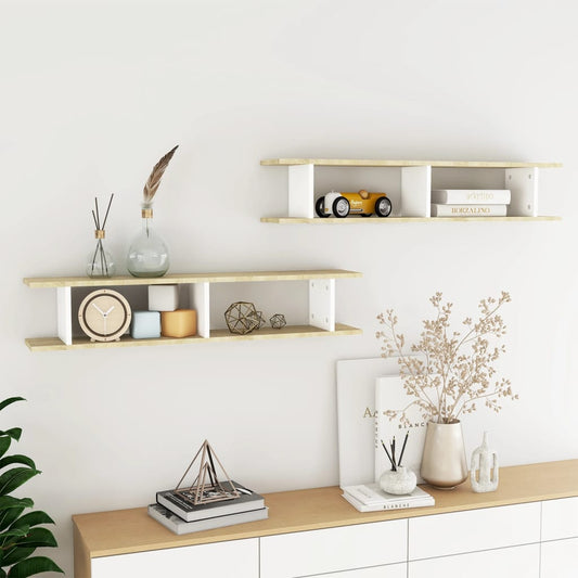 Wall Shelf 2 pcs White and Sonoma Oak 105x18x20 cm Engineered Wood