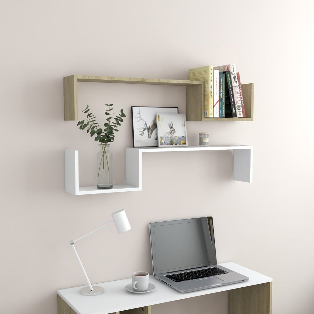 Wall Shelf 2 pcs White and Sonoma Oak 100x15x20 cm Engineered Wood