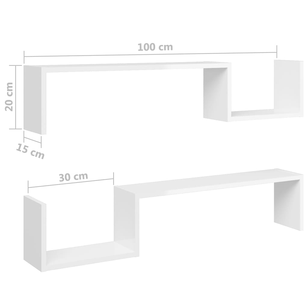 Wall Shelf 2 pcs High Gloss White 100x15x20 cm Engineered Wood