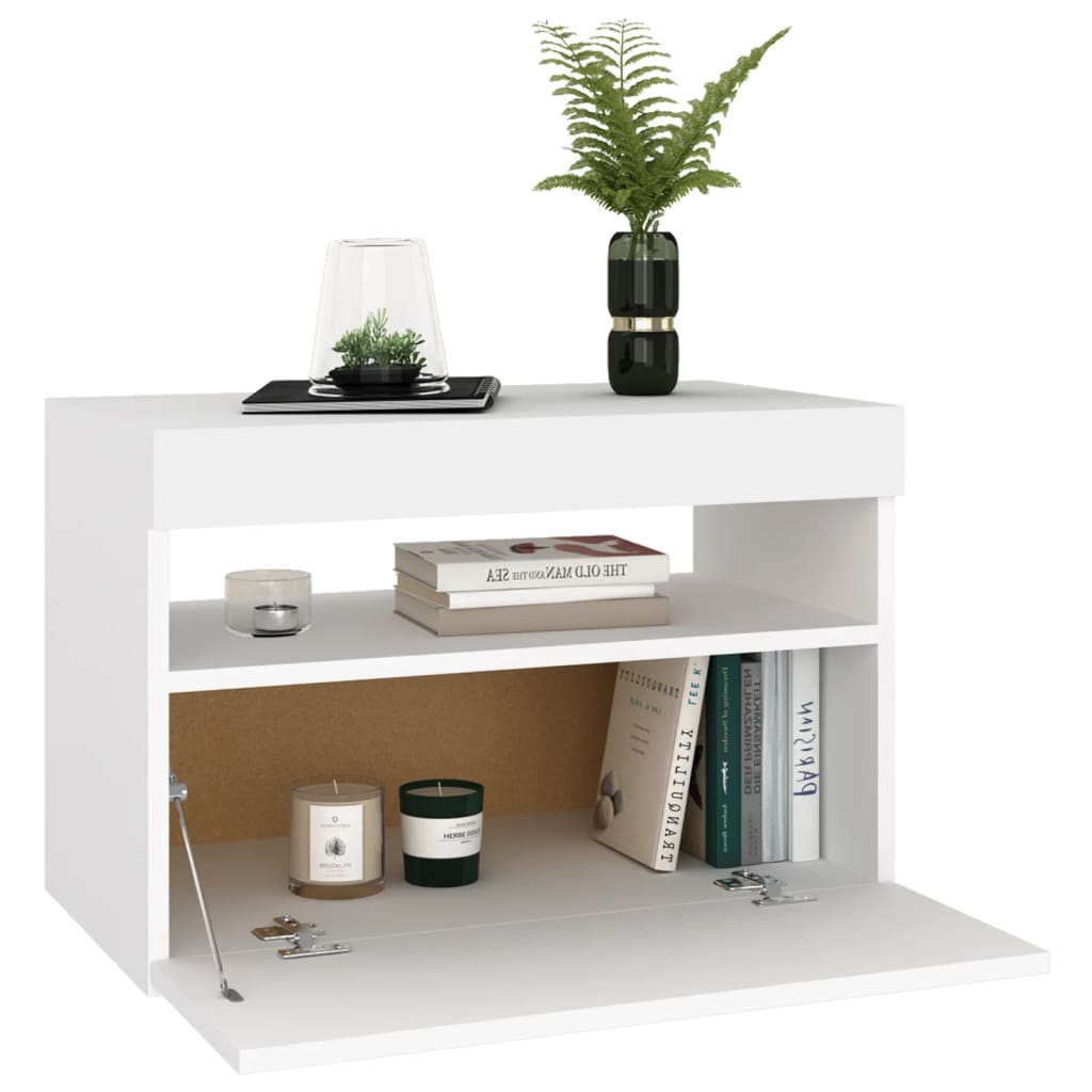 Bedside Cabinet & LED Lights White 60x35x40 cm Engineered Wood