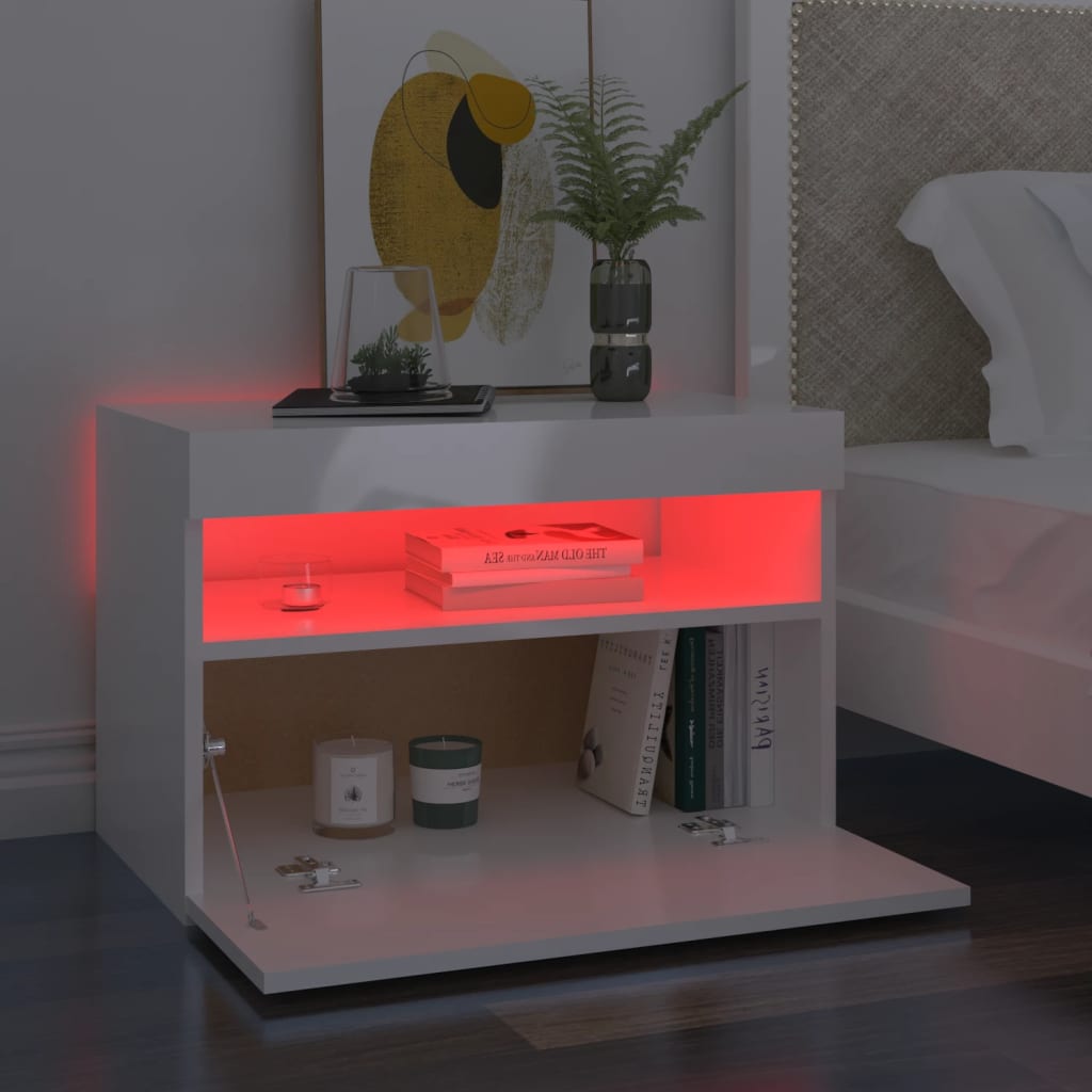 Bedside Cabinet & LED Lights High Gloss White 60x35x40 cm