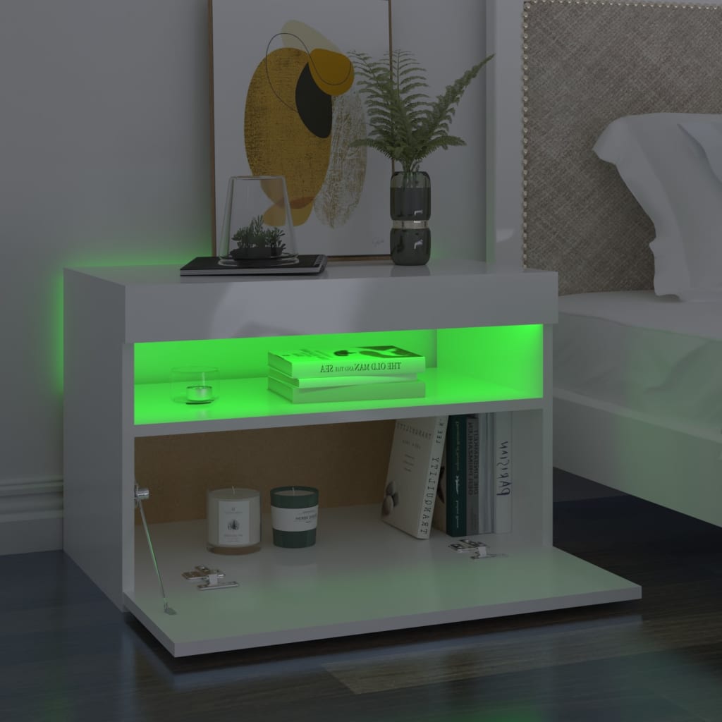 Bedside Cabinet & LED Lights High Gloss White 60x35x40 cm