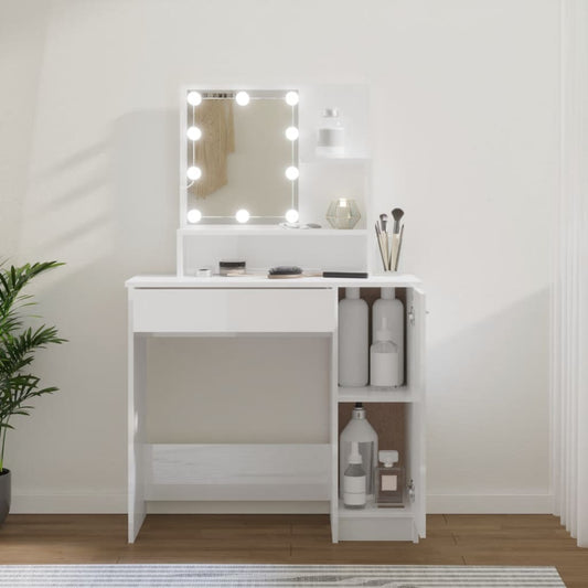 Dressing Table with LED High Gloss White 86.5x35x136 cm