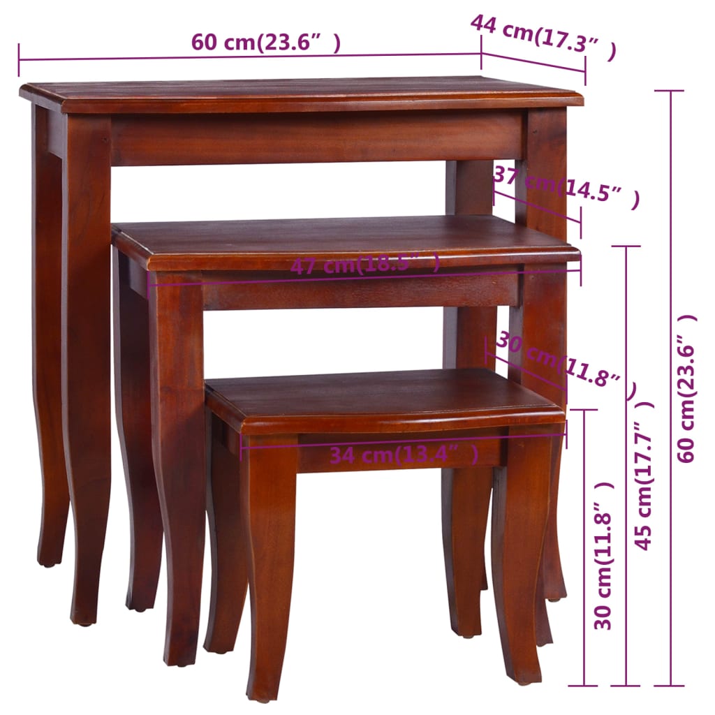 Nesting Side Tables 3 pcs Classical Brown Solid Wood Mahogany