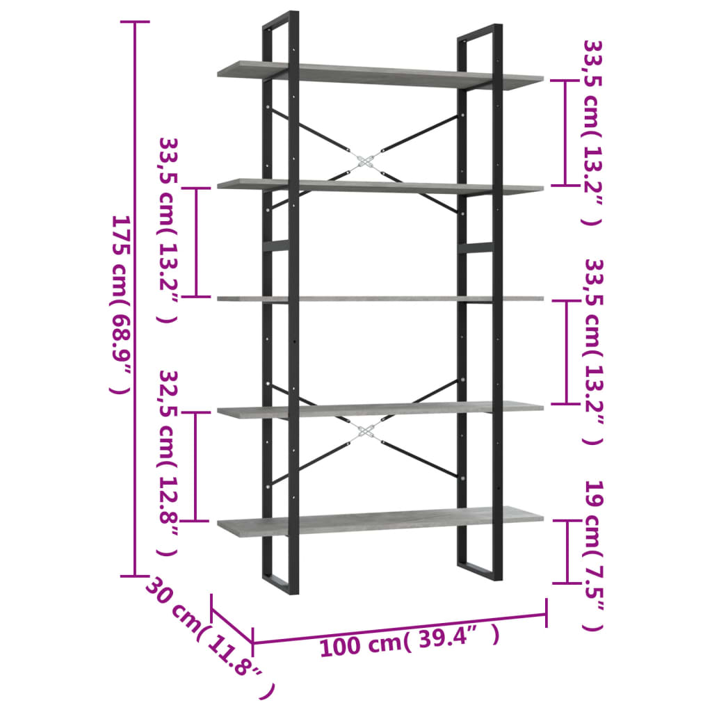 5-Tier Book Cabinet Concrete Grey 100x30x175 cm Engineered Wood