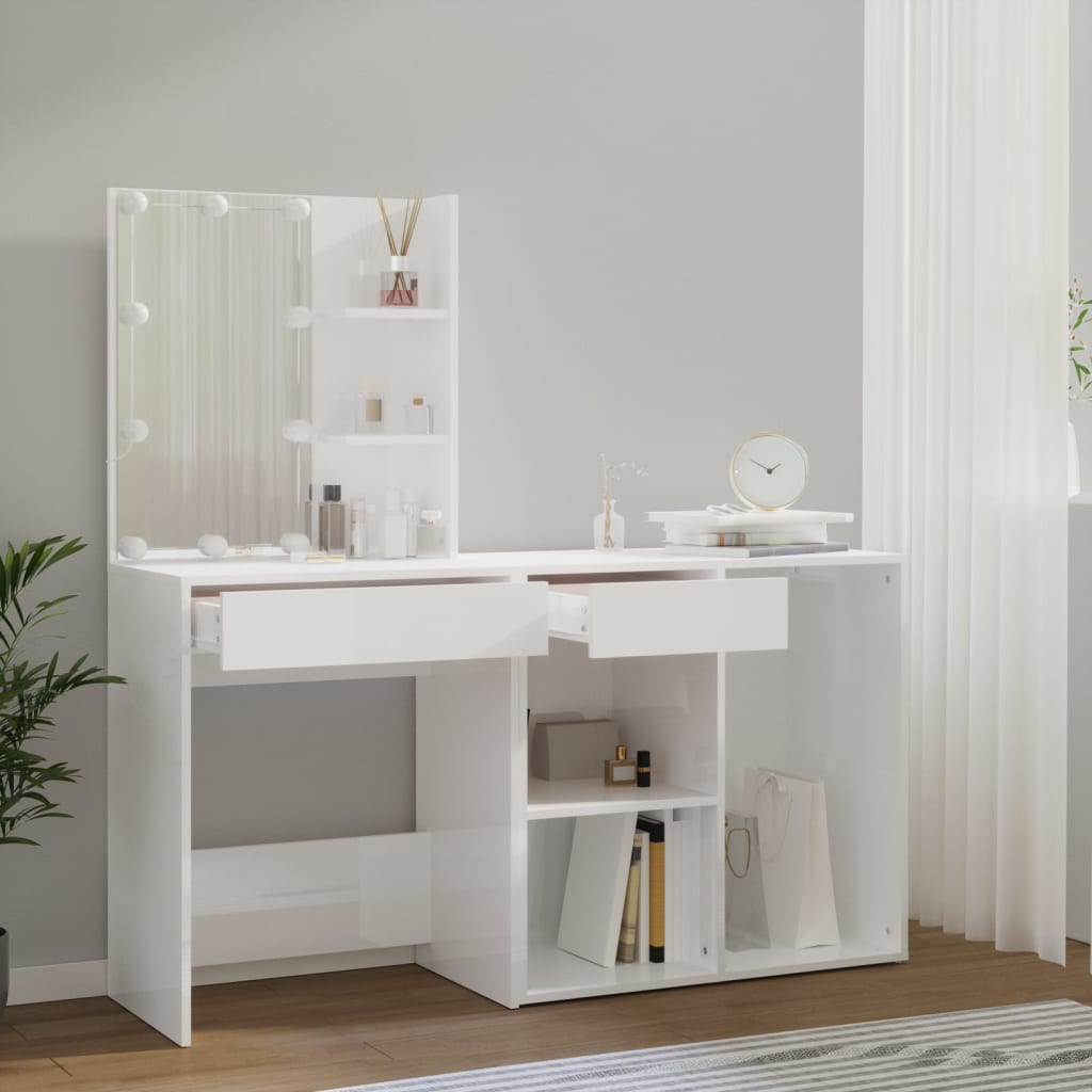 LED Dressing Table with Cabinet White Engineered Wood