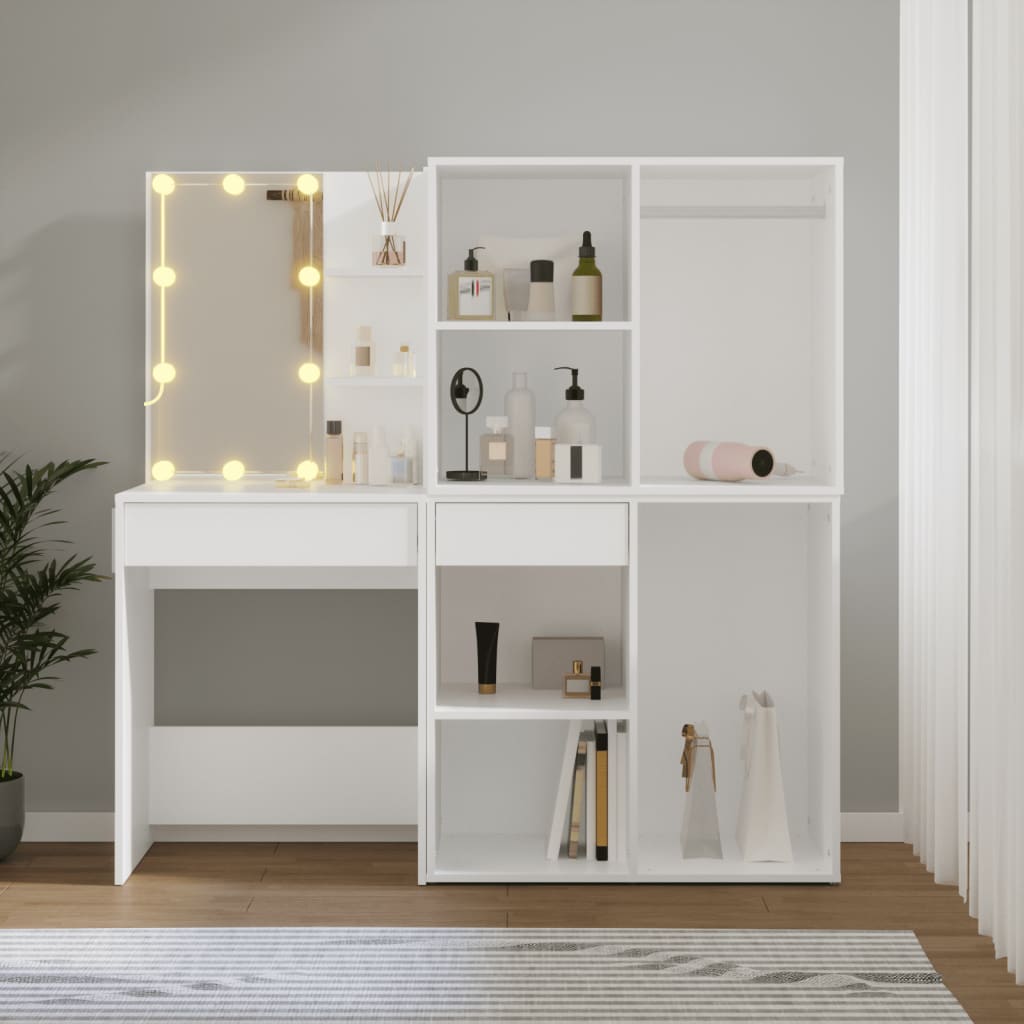 LED Dressing Table with 2 Cabinets White Engineered Wood