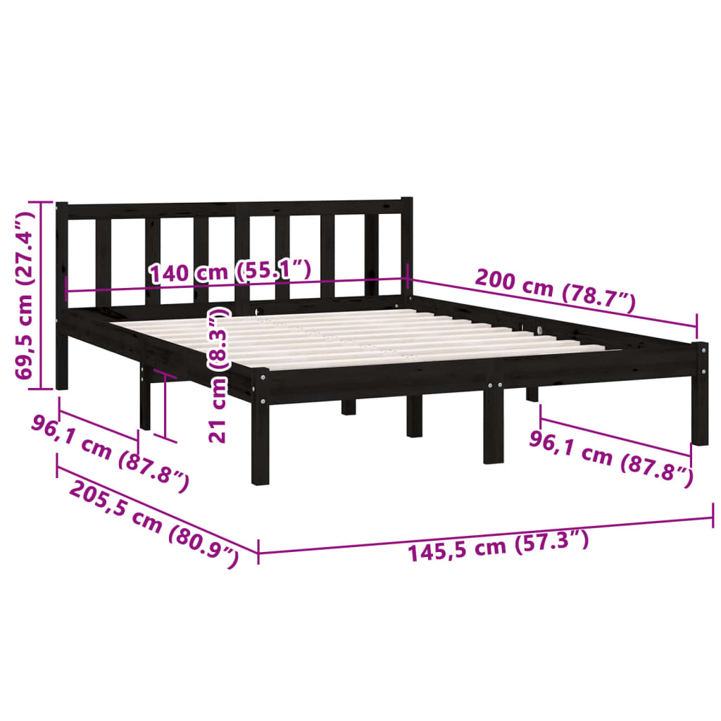 810086 vidaXL Bed Frame without Mattress Black Solid Wood 140x200 cm