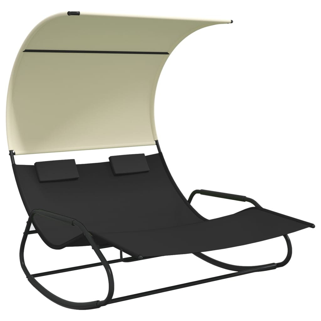 Rocking Double Sun Lounger with Canopy Black and Cream