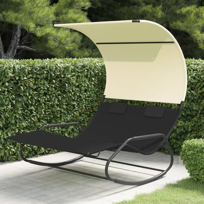 Rocking Double Sun Lounger with Canopy Black and Cream