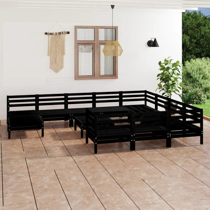 12 Piece Garden Lounge Set Black Solid Wood Pine