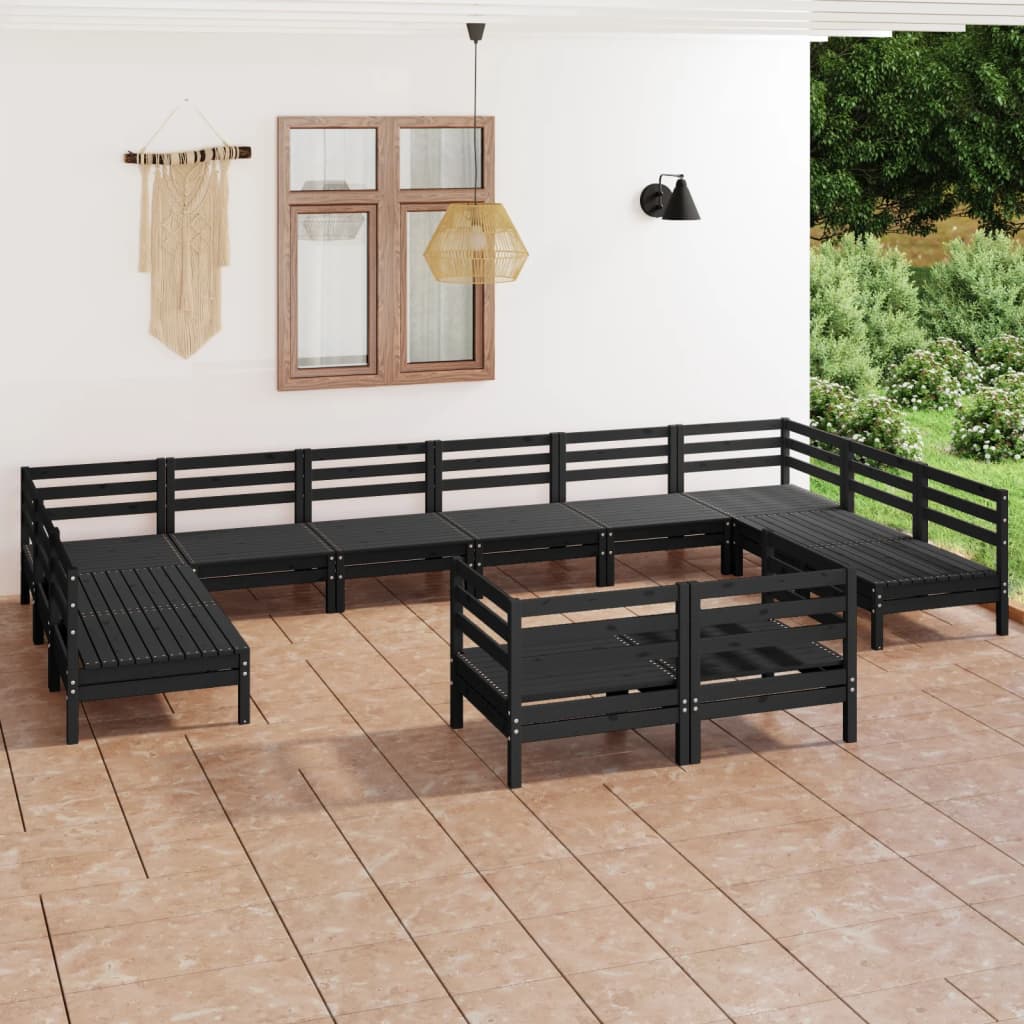 12 Piece Garden Lounge Set Black Solid Wood Pine