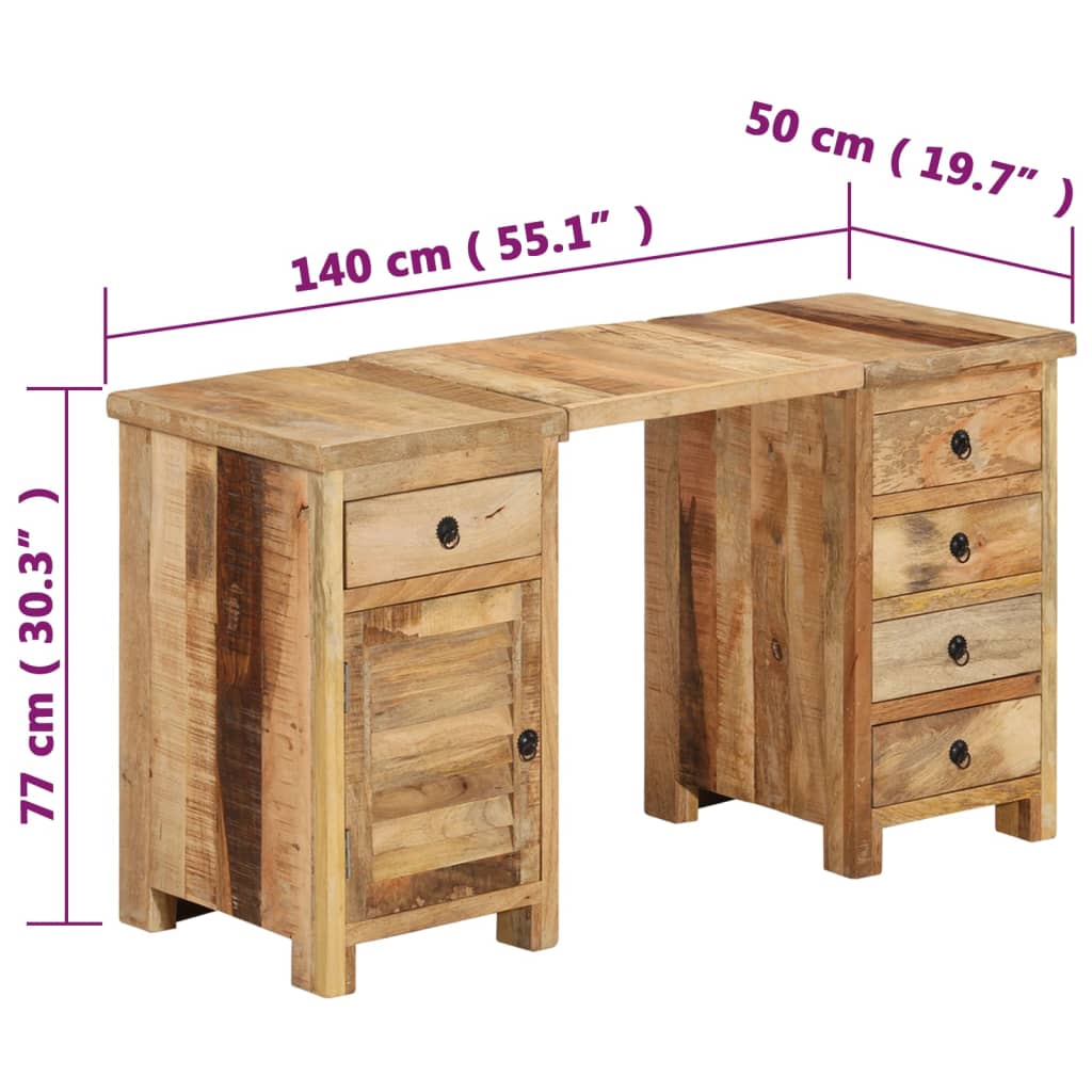 Pedestal Desk Solid Wood Mango 140x50x77 cm