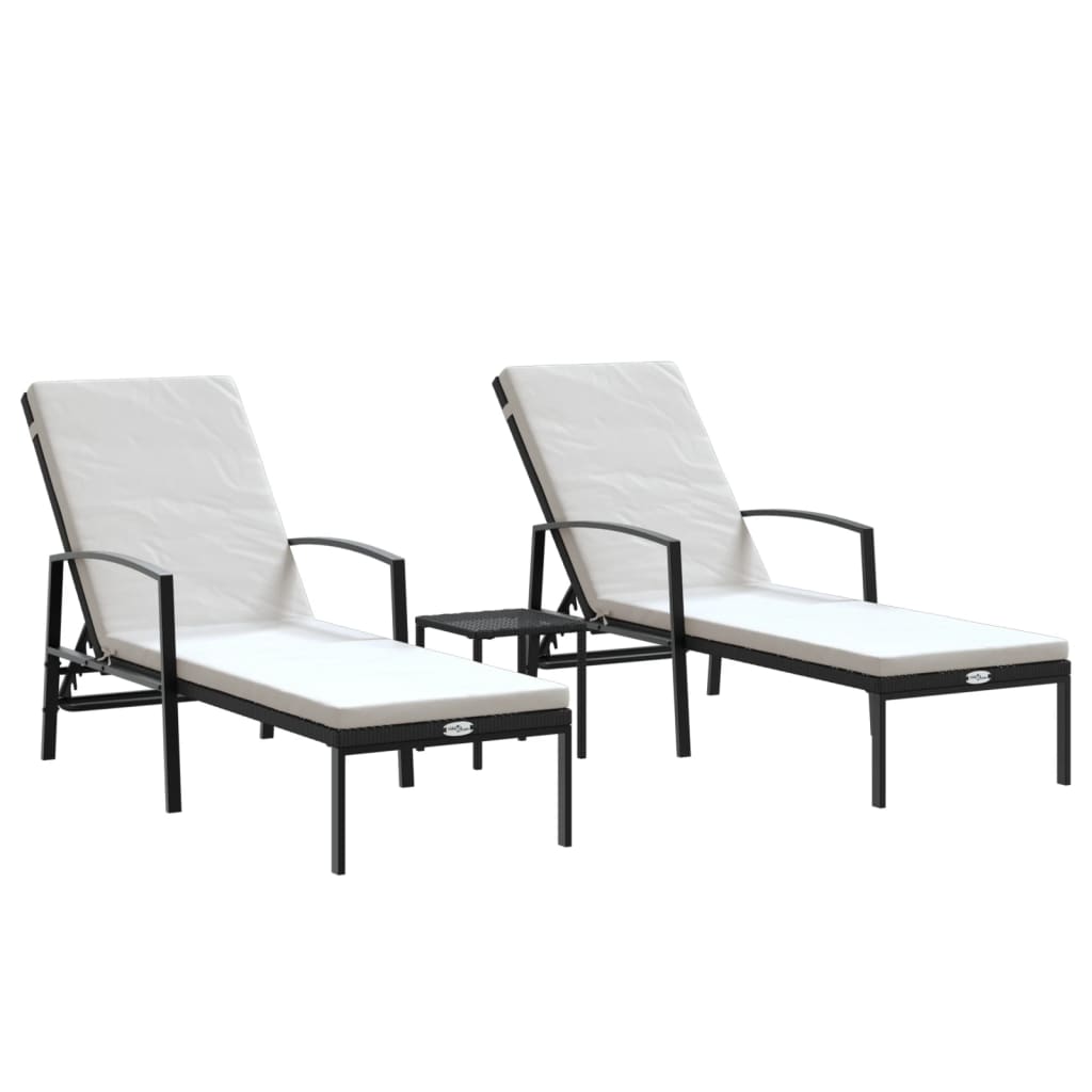 Sun Loungers 2 pcs with Table Poly Rattan Black