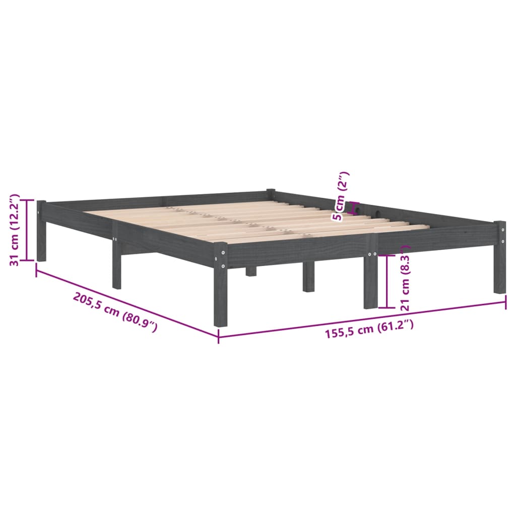 Bed Frame without Mattress Grey Solid Wood King Size