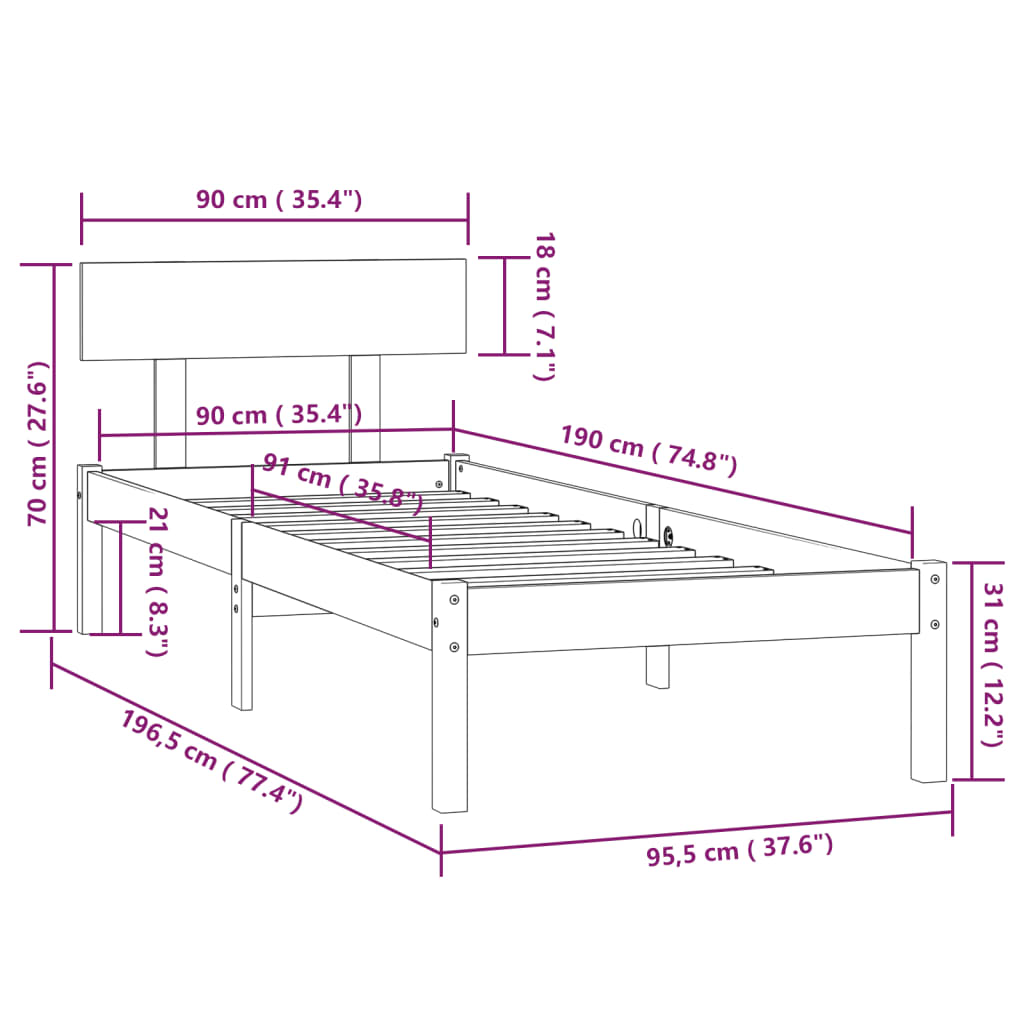 Bed Frame without Mattress White Solid Wood Pine Single