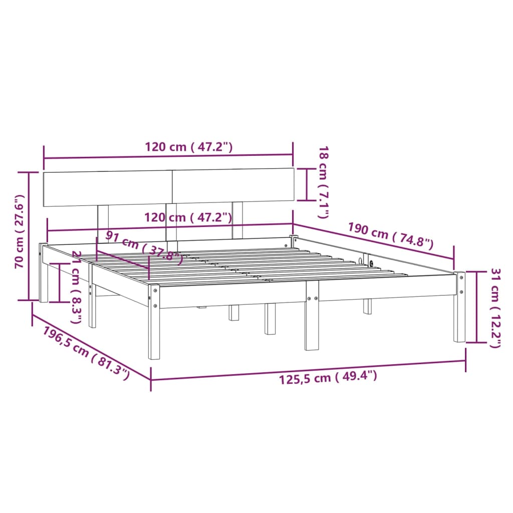 Bed Frame White Solid Wood 120x190 cm Small Double