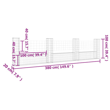 U-shape Gabion Basket with 4 Posts Iron 380x20x100 cm