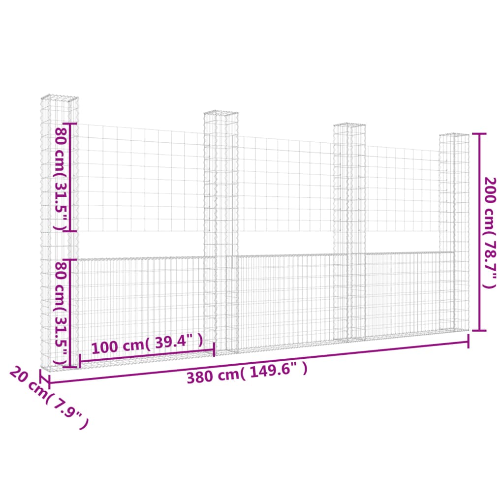 U-shape Gabion Basket with 4 Posts Iron 380x20x200 cm