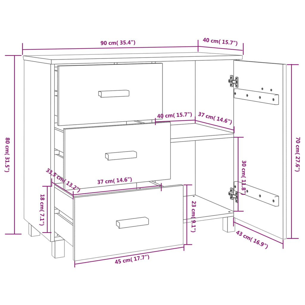 Sideboard HAMAR White 90x40x80 cm Solid Pinewood