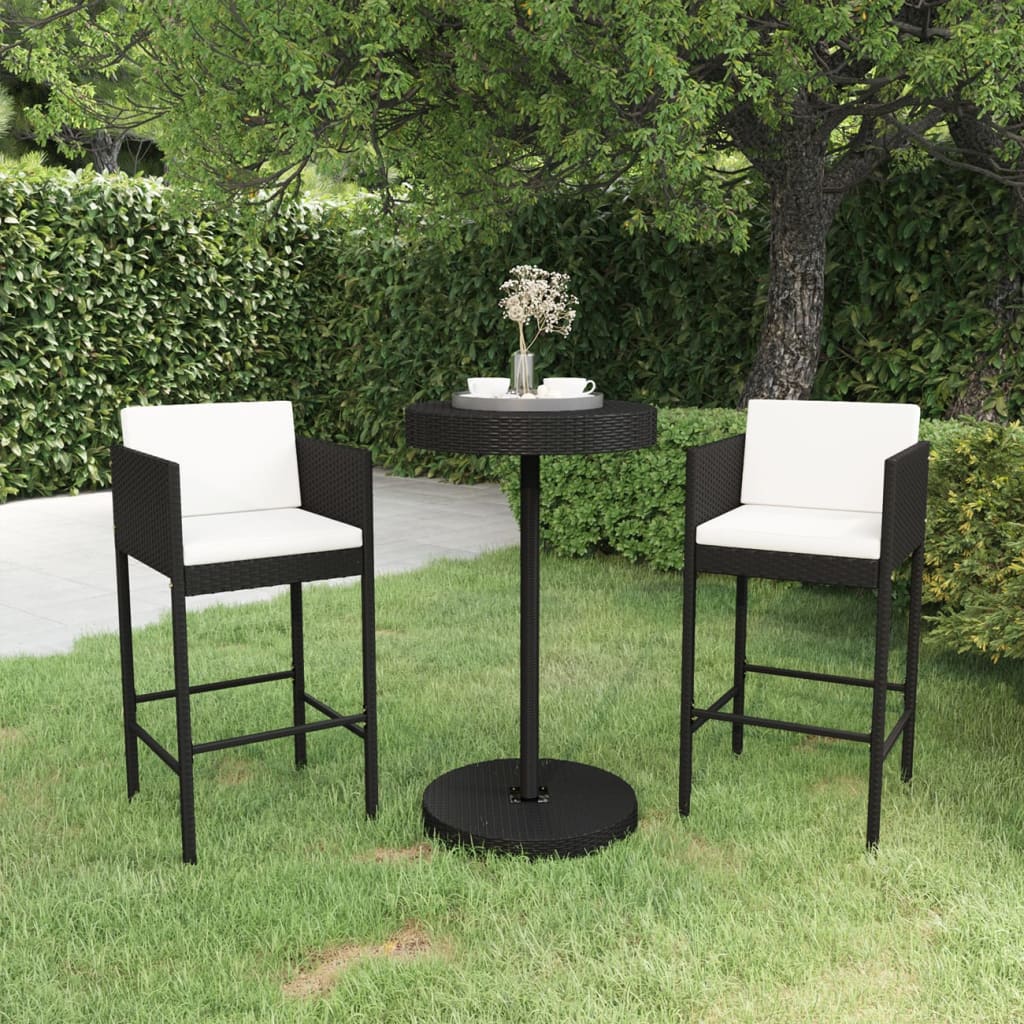 3 Piece Garden Bar Set with Cushions Poly Rattan Black