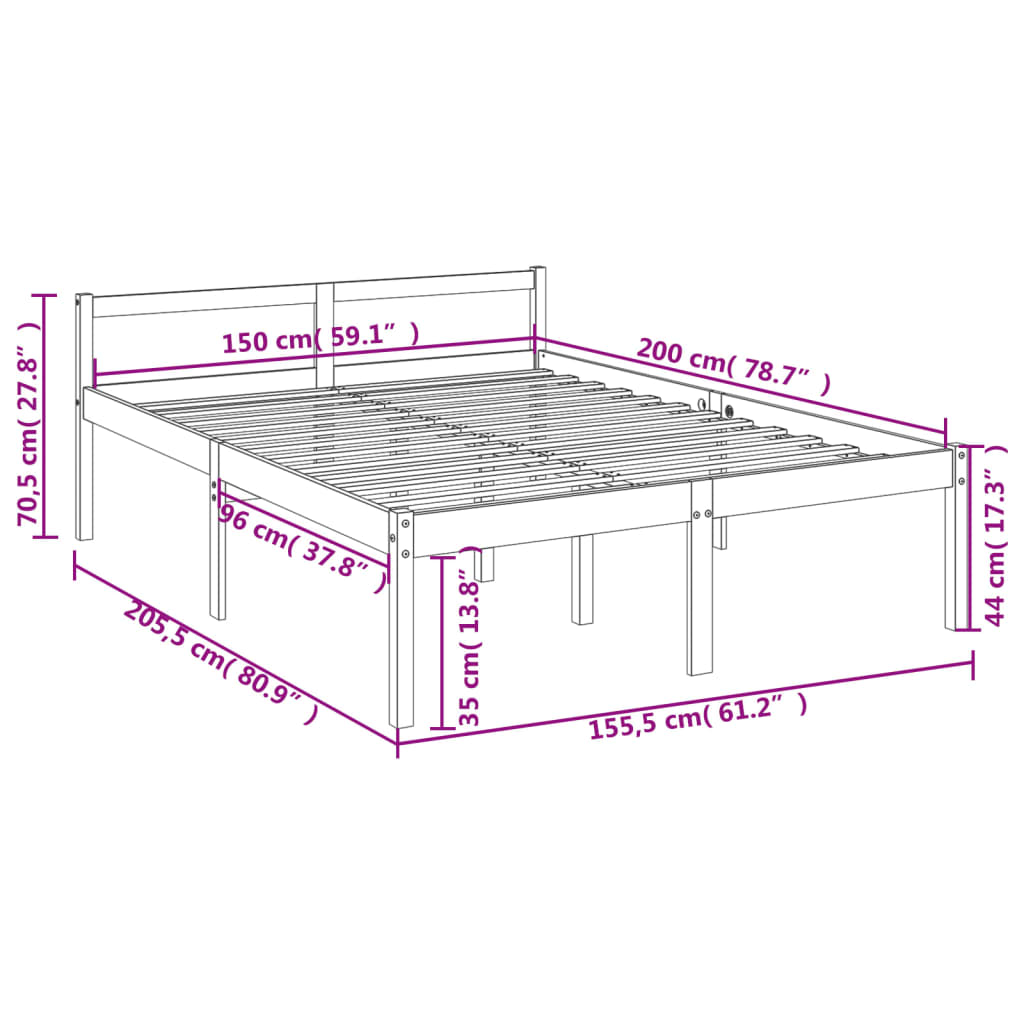 Bed Frame White 150x200 cm King Size Solid Wood Pine