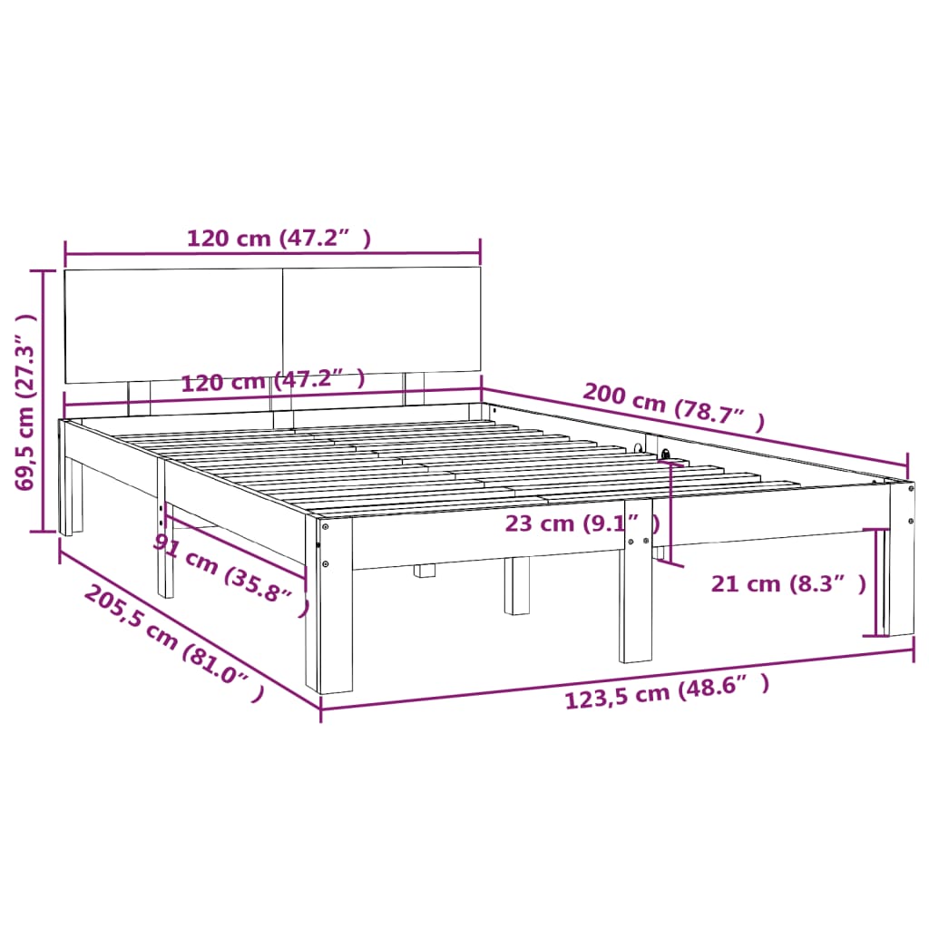 Bed Frame without Mattress White Solid Wood Pine 120x200 cm