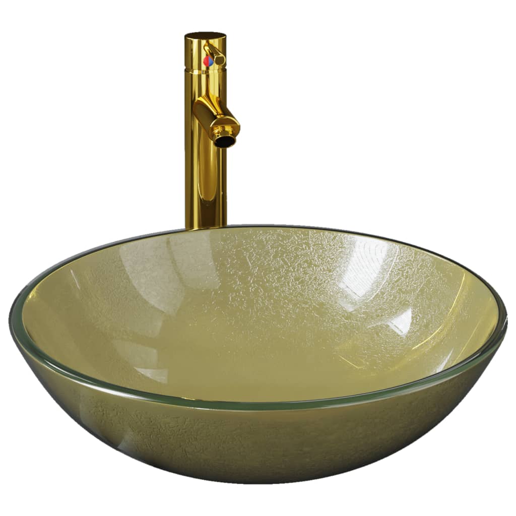 Bathroom Sink with Tap and Push Drain Gold Tempered Glass