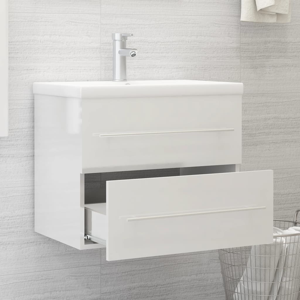 Sink Cabinet with Built-in Basin High Gloss White Engineered Wood